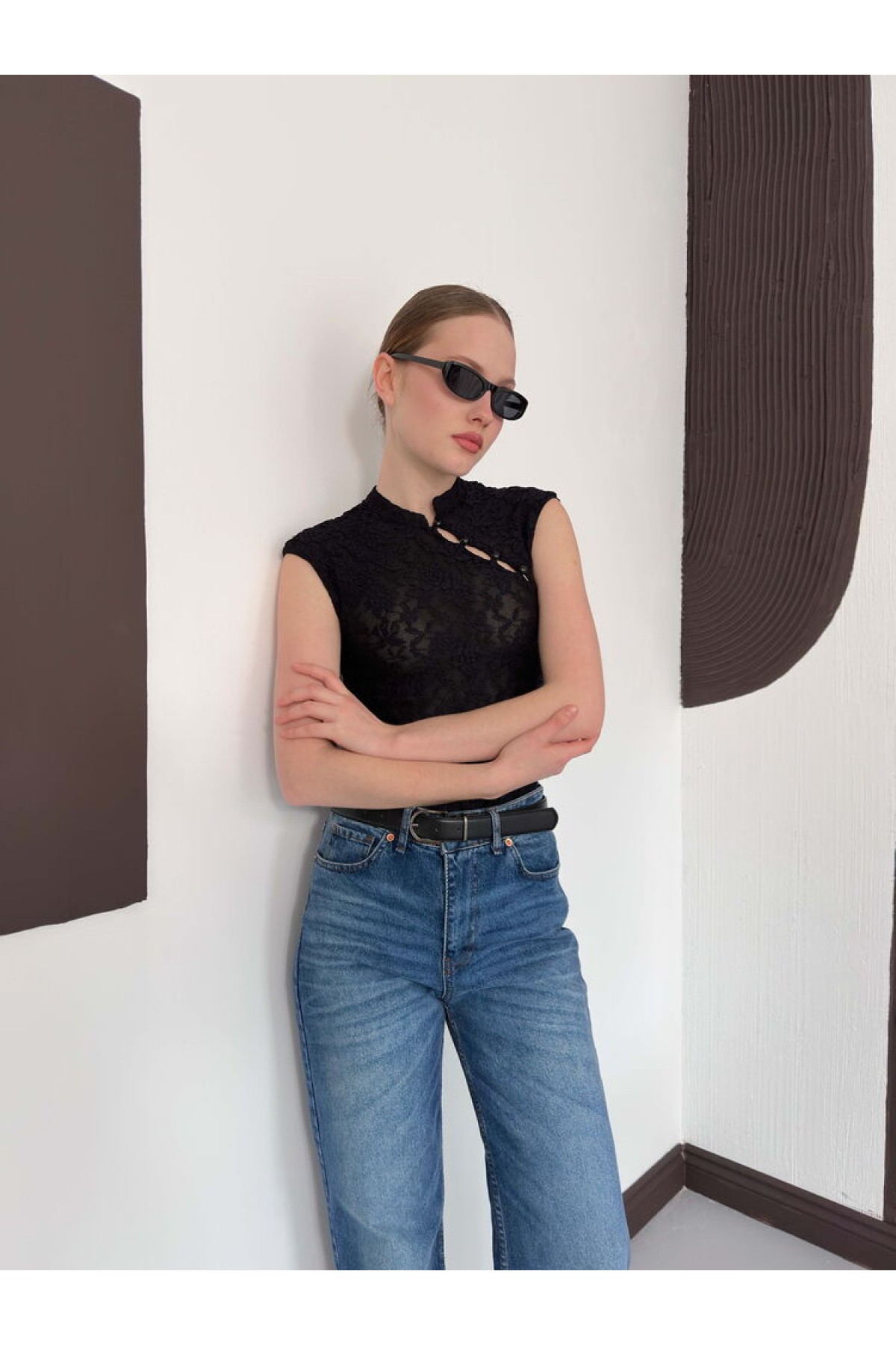 D 2997 KOLSUZ DANTEL BLUZ - SİYAH